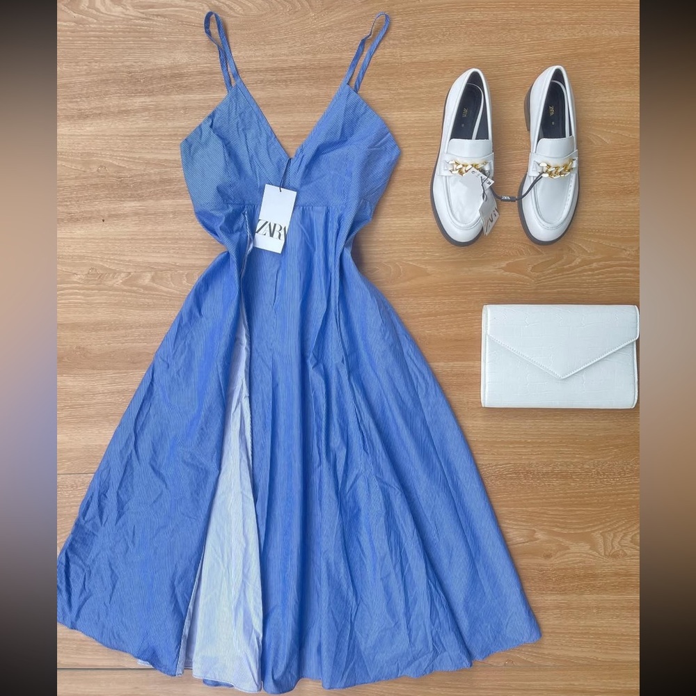 Zara striped poplin dress blue 2567/369